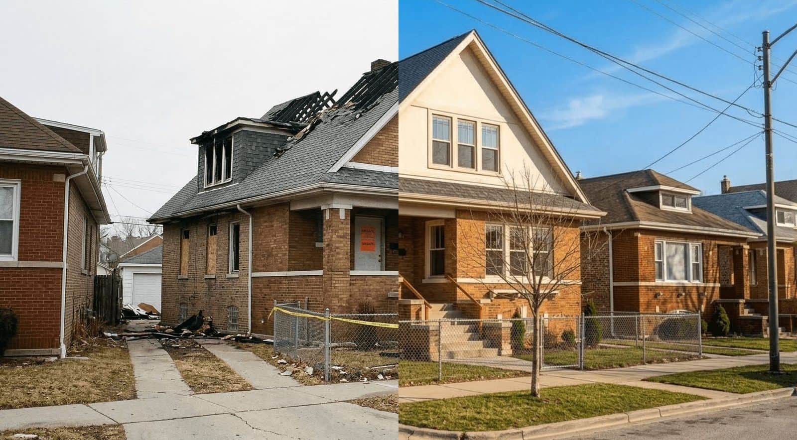 Before and after a fire: the same house burned and rebuilt
